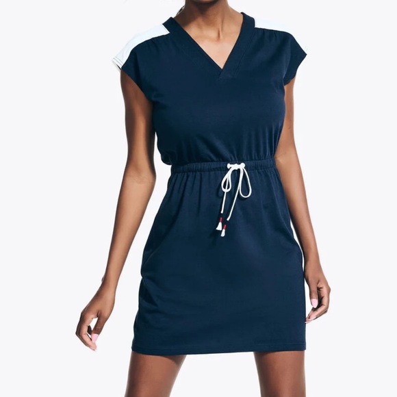 Nautica Navy Blue & White V-Neck Drawstring Waist Casual Dress - Size Medium - Picture 1 of 13